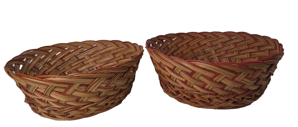 Vintage Boho Woven Serving Baskets Pair Made in Philippines Red Brown Reed